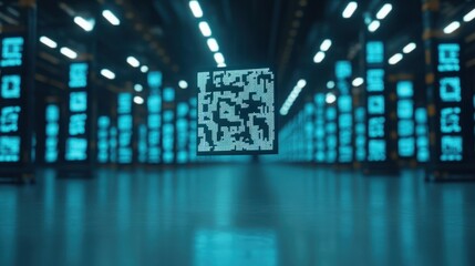Abstract representation of a floating QR code surrounded by glowing digital screens in a vast modern warehouse, symbolizing technology and connectivity in a digital age.