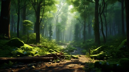 Poster - Enchanting Verdant Forest Path with Sunlit Ambiance