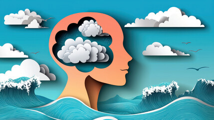 Wall Mural - creative paper art style illustration of head with clouds inside, surrounded by waves and bright blue sky. This artwork evokes sense of imagination and tranquility