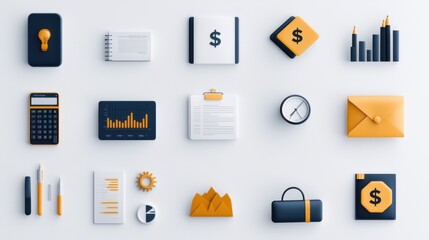 financial icons set minimalist design digital illustration clean layout top view organized concept