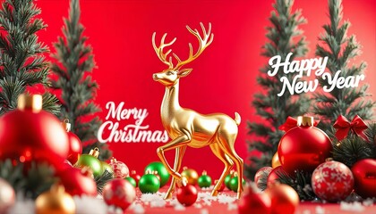 Wall Mural - A golden reindeer Christmas ornaments and pine trees against a red background