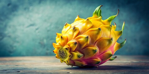 Wall Mural - Vintage Style Closeup of Yellow Dragon Fruit Revealing Its Unique Texture and Vibrant Color for Culinary and Botanical Photography Inspiration