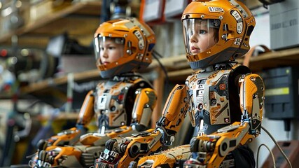 Fototapete - In a high-tech workshop illuminated by natural light, two robotic figures that mimic children sit side by side in orange suits, showcasing advanced engineering and design.