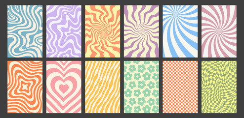 set of groovy hippie 90s background with distorted wave, twirl pattern, spiral or psychedelic checke