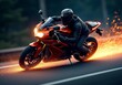 © puruan - Motorcyclist performs drift on curvy road at sunset, creating sparks and showcasing speed and skill