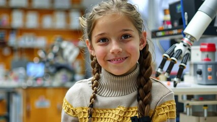 Aufkleber - A young girl with braided hair and a vibrant sweater sits confidently in a well-equipped science laboratory, radiating curiosity and passion for exploration.