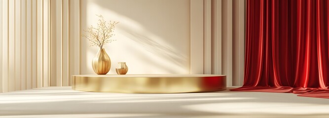 Wall Mural - a sleek, modern chinese new year podium with gold accents, minimalist red silk drapes, and a soft, n