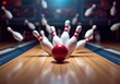 © puruan - Bowling ball strikes the pins in a bustling bowling alley during the evening hours