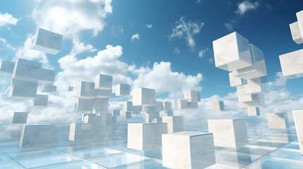 Wall Mural - Abstract white cubes floating in a clear blue sky with soft clouds and a reflective glass-like ground surface.