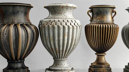 Leinwandbilder - A collection of decorative vases with distinct shapes and colors is showcased against a neutral background, highlighting their unique textures and artistic designs.
