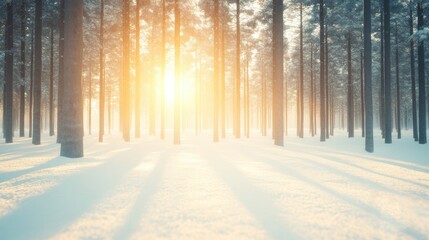 Wall Mural - sunlight streams through a serene winter forest blanketed in snow, highlighting the towering trees a