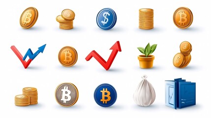 Aufkleber - Collection of clean minimalist icons showcasing the concept of financial growth and successful business strategies featuring upward trending arrows and coins as symbols of progress and profitability