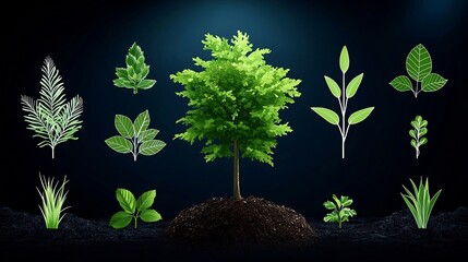 Leinwandbilder - Outline icon collection focusing on tree growth nature conservation and environmental sustainability  Simple modern graphics showcasing symbols of ecology renewable resources