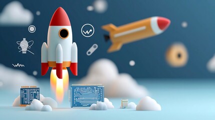 Fototapete - Technological Growth and Innovation Illustrated with Crisp Outline Icons Featuring Circuit Boards Rocket Ships and Progress Bars in a Linear Format