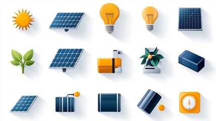 Aufkleber - Collection of 15 outline icons depicting various solar power and sustainable energy concepts including photovoltaic systems batteries and renewable electricity