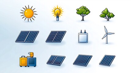 Aufkleber - A set of 15 minimalist icons focused on solar energy production featuring symbols for solar panels inverters and other renewable power components  Clean line art design in a simple modern aesthetic