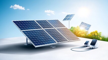Poster - Set of modern linear icons depicting various elements of solar energy systems including rooftop panels solar chargers and energy flow visualizations  The icons use a minimalist