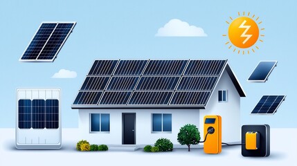 Poster - A set of stylized linear graphic icons focusing on various solar energy systems and technologies including rooftop solar panels solar chargers and energy flow