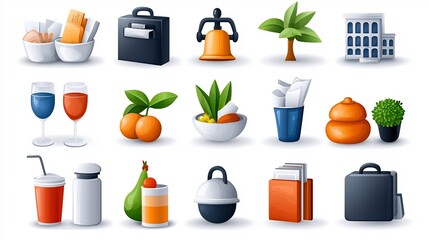 Fototapete - featuring a set of 15 linear icons representing various reception desk themes such as receptionist hotel bell and customer service in a minimalist modern design
