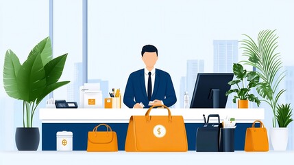 Fototapete - Set of 15 reception desk icons in a minimalist line art style depicting symbols for staff guests cashiers and hotel desks  Useful for business hospitality and customer service applications