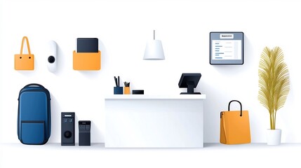 Aufkleber - Collection of 15 minimalist outline icons showcasing various reception desk elements and services such as information and reservation systems in a clean simple style for office