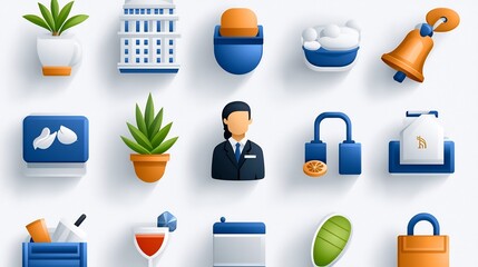 Aufkleber - A set of 15 clean linear icons depicting various reception desk services and hospitality amenities such as a receptionist hotel bell customer assistance and more  These simple