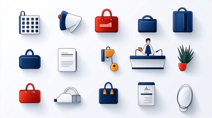 Poster - A Minimalist Set of 15 Hotel Reception Desk Icons Highlighting Key Services and Assistance for Guests Such as Desk Staff Support and Guest Services in a Linear Style