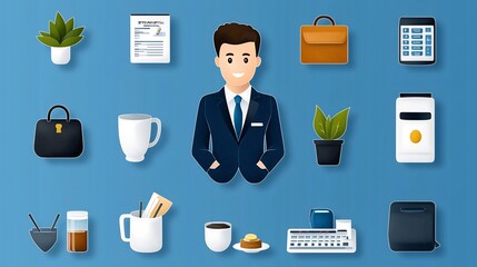 Aufkleber - Detailed Outline Icons Depicting Various Reception Desk Activities Such as Hotel Assistance and Customer Service Transactions in a Business or Office Environment