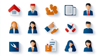 Poster - Collection of linear icons highlighting themes of audience members and in a modern business setting  Depicting teamwork partnership group unity and corporate networking