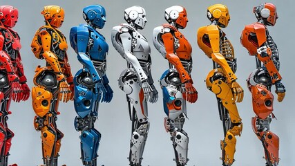 Fototapete - Humanoid robots in vibrant colors are arranged side by side, highlighting their unique designs and characteristics amid a contemporary backdrop.