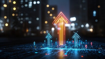 Fototapete - Beam Formed Upward Pointing Arrow in Radiant Luminous Hues on a Dark Background Symbolizing the Concept of Speed Technology and Progressive Innovation