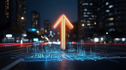 Poster - Sleek beam formed arrow made of radiant vibrant hues pointing upwards on a dark background symbolizing the concept of speed progress and technological advancement