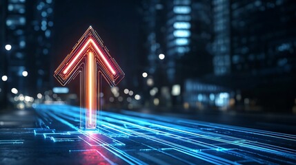 Leinwandbilder - Stylized beam formed arrow in vibrant radiant hues pointing upward on a dark minimal background   representing the concept of speed progress and forward momentum
