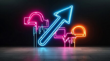 Fototapete - Luminous neon beam forming an upward arrow emanating dynamic and energetic light in vibrant glowing tones against a dark moody background  This striking digital conveys a sense of power movement
