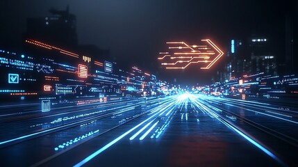 Fototapete - Vibrant glowing arrow shape formed by beams of light radiating a sense of power against a dark ethereal background