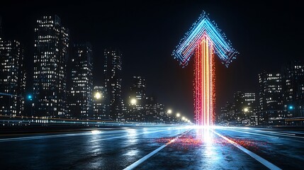 Aufkleber - Brightly glowing arrow made of vibrant colorful beams pointing upward and conveying a sense of fast motion and dynamic energy on a deep black background  Futuristic digital design with a bold