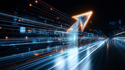 Aufkleber - Vibrant glowing arrow shaped beam of colorful luminous energy appearing to move upward with fast dynamic momentum on a deep black background