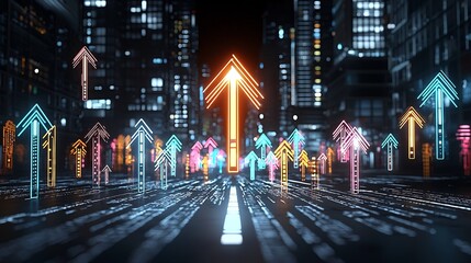 Fototapete - Radiant and glowing futuristic upward pointing arrow symbol emanating a sense of velocity energy and dynamism on a dark gradient background  This digital or design element represents progress