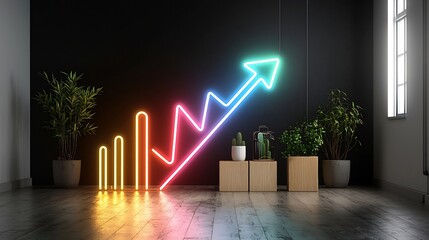 Fototapete - Vibrant neon arrow of bright beams on a pure black background symbolizing the concept of growth progress and accelerated momentum