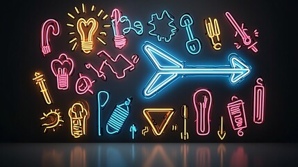 Fototapete - Luminous neon arrow of bright beams symbolizing the powerful momentum and ongoing growth of innovation and technological progression on a sleek minimalist black background