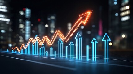 Poster - Dramatic Upward Pointing Arrow Glowing with Vibrant Hues on Dark Backdrop Conveying a Sense of Rapid Movement Progress and Energy