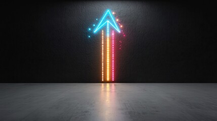 Aufkleber - Glowing colorful arrow shaped beams of light surging upward with speed and intensity on a sleek high contrast black background  This dynamic futuristic visual represents the concept of progress
