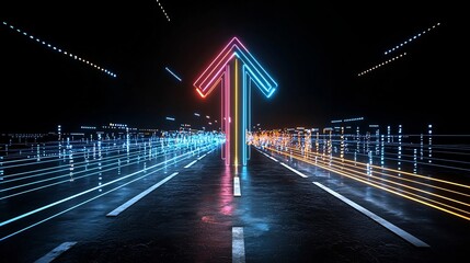 Fototapete - Vivid and dynamic image of a brightly illuminated arrow like formation of colorful beams and rays surging upwards with intense speed energy and momentum against a sleek black background