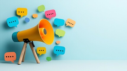 Poster - Vibrant megaphone surrounded by floating speech bubbles in vivid hues symbolizing the power of modern advertising and messaging in a crisp digital forward setting