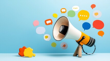 Poster - Radiant and vibrant megaphone icon with colorful speech bubbles floating creatively representing the power of advertising digital marketing and social media strategies to amplify messages