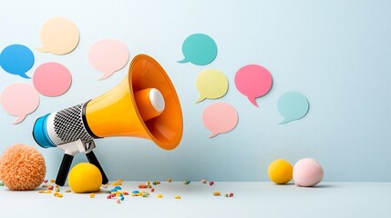 Poster - Visually Engaging Megaphone Icon Surrounded by Multicolored Speech Bubbles Representing Messaging Advertising and Communication Concepts for Digital Platforms and Campaigns
