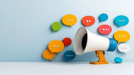Poster - Vibrant and dynamic megaphone icon with multicolored speech bubbles visually representing messaging communication and digital advertising concepts in a clean and modern layout design