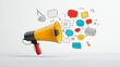 © Srinard - Energetic megaphone releasing a dynamic burst of bold and vibrant speech bubbles standing out vividly against a clean minimalistic background  This conceptual