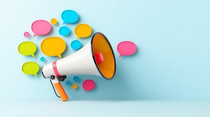 Poster - Bold and Vibrant Floating Speech Bubbles Radiating from a Megaphone Symbolizing the Power of Modern Marketing Communication and Advertising Concepts Against a Sleek Clean Background