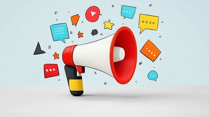 Poster - Brightly illustrated megaphone with bold colorful speech bubbles on a crisp minimal background designed to captivate attention and convey powerful advertising and marketing concepts